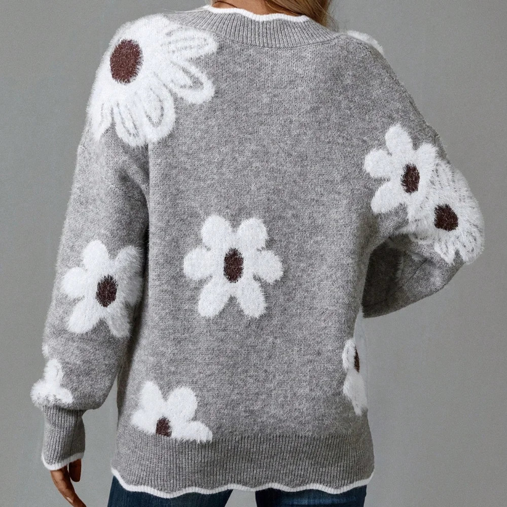 Women's Grey Floral Pattern Easter Family Sweater - Picture 2 of 4